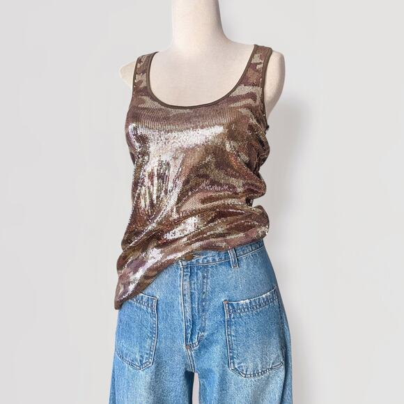 Y2K Camo Sequin DKNY Tank Top Sz S Metallic Brown Festival Disco Grunge Retro - Picture 6 of 10